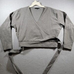 ASOS DESIGN Wrap Top Women Medium Grey Excellent Long Sleeve V-Neck Cropped Tie